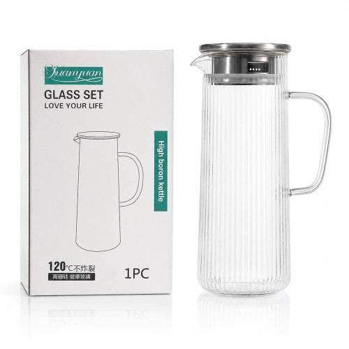 Глек скляний прозорий смугастий з метал. кришкою 1.5 л (10*25)см №ZS-1 (24) Глек скляний прозорий смугастий з метал. кришкою 1.5 л (10*25)см №ZS-1 (24)