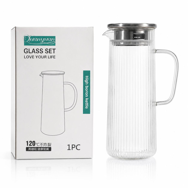 Глек скляний прозорий смугастий з метал. кришкою 1.5 л (10*25)см №ZS-1 (24) Глек скляний прозорий смугастий з метал. кришкою 1.5 л (10*25)см №ZS-1 (24)