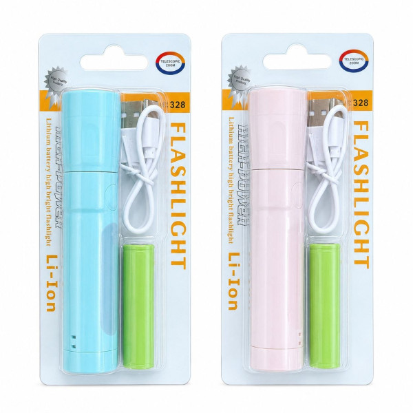 Ліхтар світлодіодний акумуляторний від USB пл. (11*2.5)см 3кол. з USB шнуром на аркуші №328 (360)