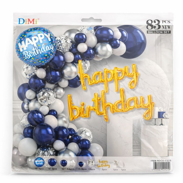 Набір кульок 83 предм. для прикрас. у син.сріб. та біл.тонах з надп."Happy Birthday" №CO-U1215 (100)